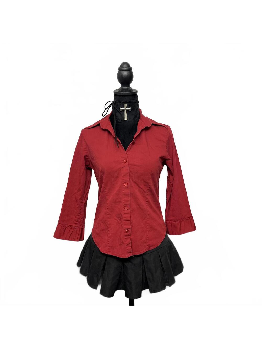 Vintage Dynamite Sz M Red Cotton 3/4 Sleeve Button Up Blouse Office Siren Fall